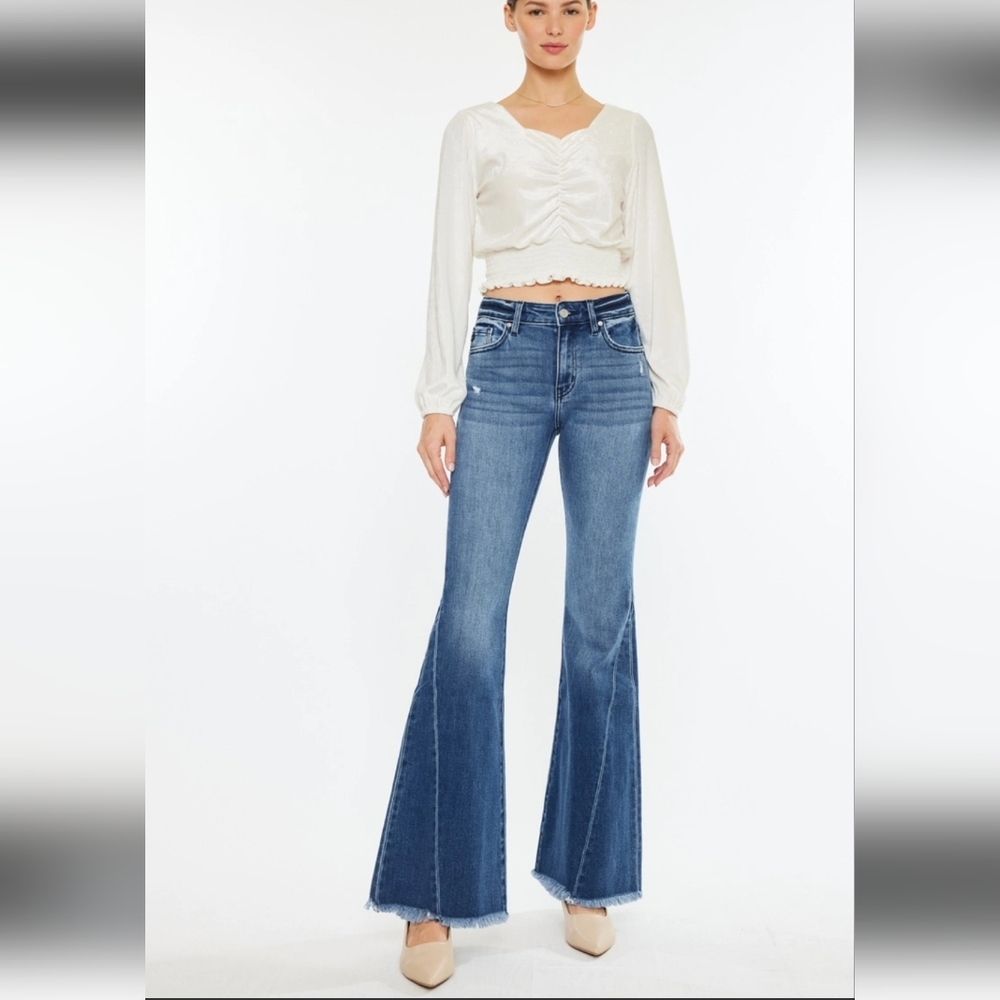 KanCan Cleo Mid Rise Raw Hem Flare Jeans Dark Wash